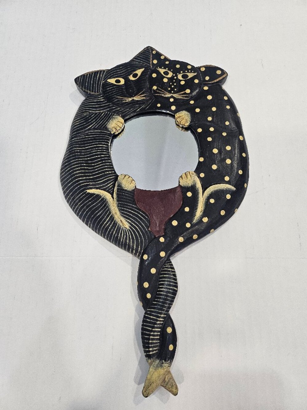 Vintage 90s Pier One Hugging Cat Mirror Carved Wood Folk Art Whimsical Mirror